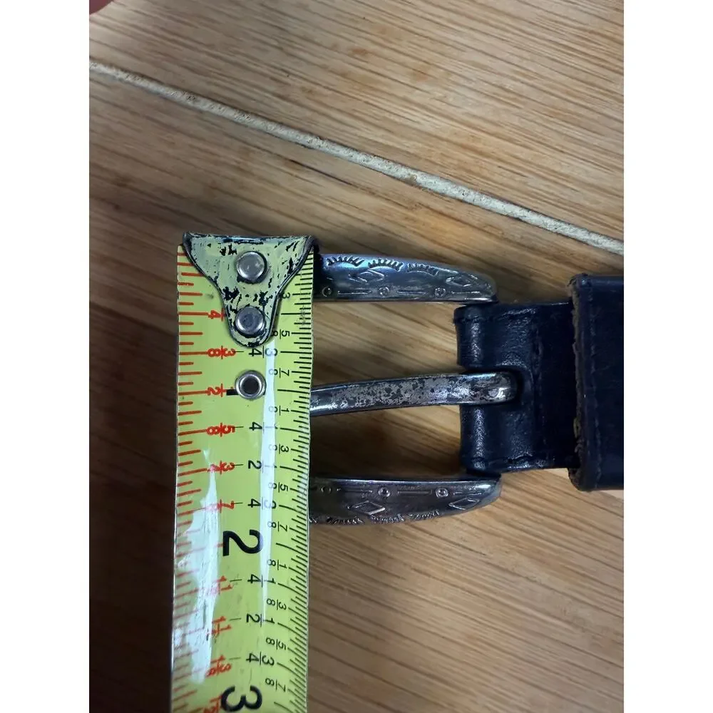 Fossil Black Leather Western Belt Size L Ornate Silver Buckle 40.5